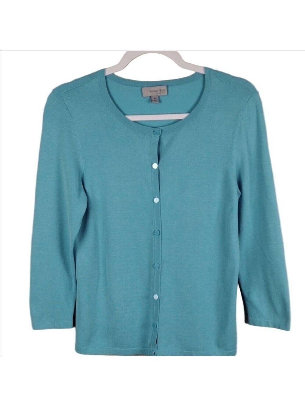 Amber Sun Teal Silk Blend Scoop Neck Button Front Long Sleeve Cardigan Sweater